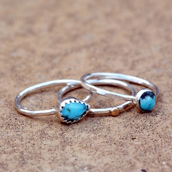native western bali 3 ring set Jewelry - Stacking 3 Ring Set Vintage Silver Blue Stone